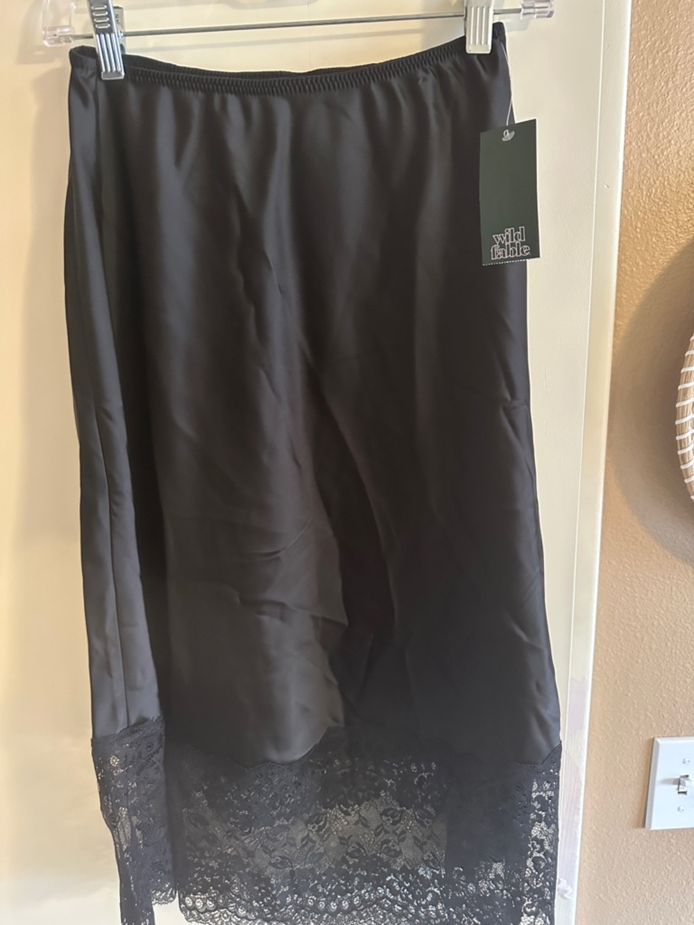 wild fable Black Satin Slip Skirt with Lace Trim